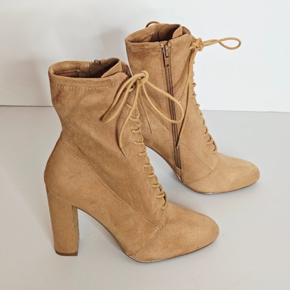 Steve Madden Elley Camel Tan Faux Suede Lace-Up Block Heel Zip Ankle Boot Sz 7 - Picture 3 of 9